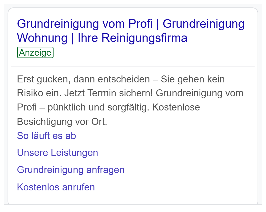 Google Ads Anzeige eines Kunden mit Anzeigentitel, Beschreibung und Sitelinks